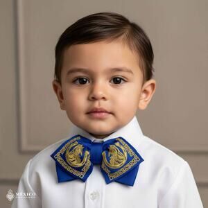 Blue Mexican Kids Embroidered Charro Moño – Traditional Baby Mariachi Bow